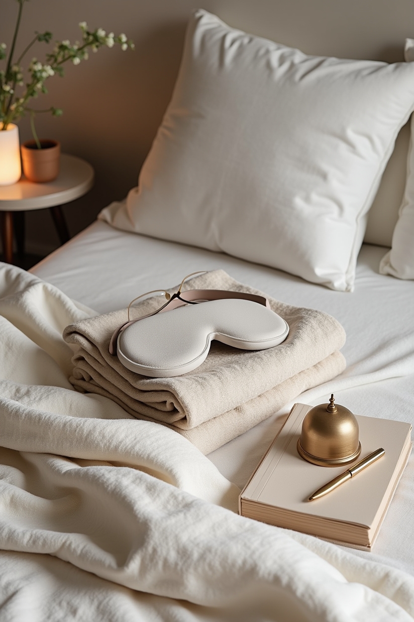 how to practice sleep meditation for confidence — soft cotton sleep mask folded neatly — Flat-lay of an ideal bedside physical setup: simple objects arranged for an easy sleep-meditation ritual