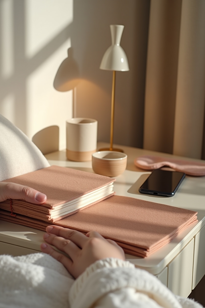 how to practice sleep meditation for confidence — linen-bound nightly journal with elastic band — A habit-design lifestyle shot: placing a nightly 'cue–routine–reward' journal on a bedside table as part of a gentle ritual
