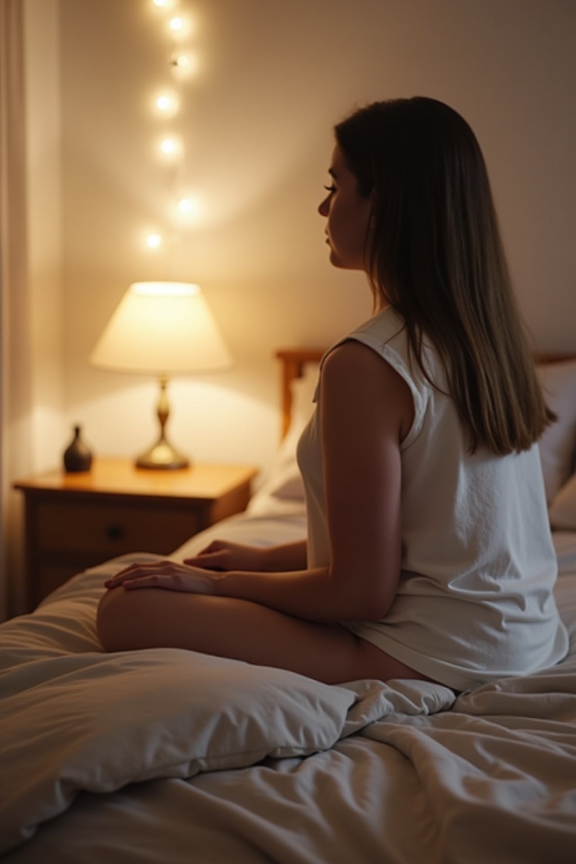 how to practice sleep meditation for confidence — small brass bedside bell on the nightstand — A quiet, contemplative scene of a person in bed visualizing a small confidence scene — backlit silhouette creating an intimate, dreamy moment