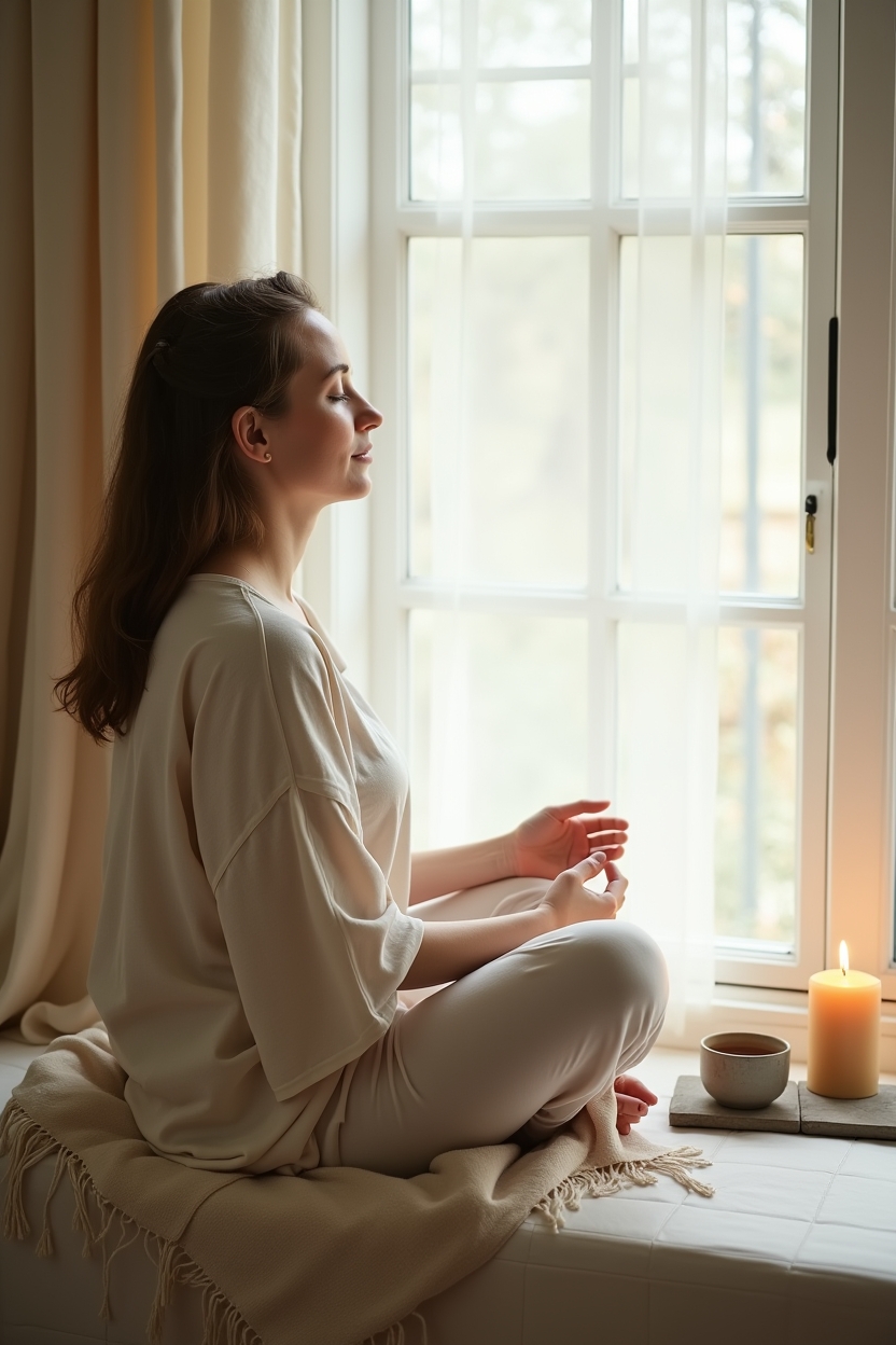 how to practice sleep meditation for confidence — a single lit beeswax candle on a stone tray — A calm bedside moment showing the nervous-system downshift: a person seated on a window seat preparing for sleep meditation