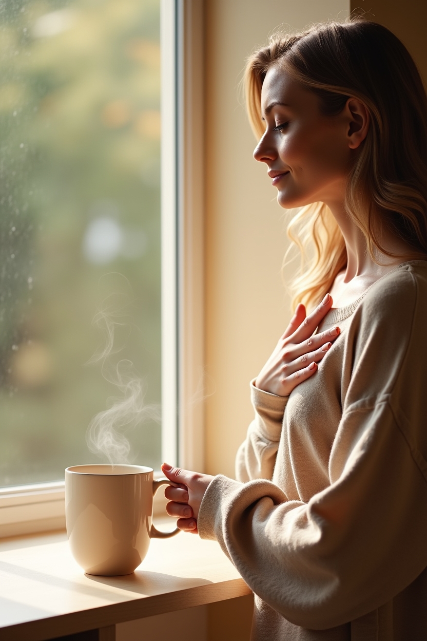how to use gratitude during a spiritual awakening — a steaming ceramic mug — Close three-quarter frame of a woman gently resting her hand on her chest, practicing gentleness with resistance; a steaming mug sits nearby on a windowsill.
