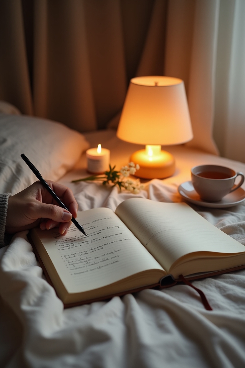 how to use gratitude during a spiritual awakening — lined journal with visible handwritten entry — An evening journaling scene on a bedside table: a hand writing in a lined journal under warm lamp light, a candle and a cup of chamomile nearby.