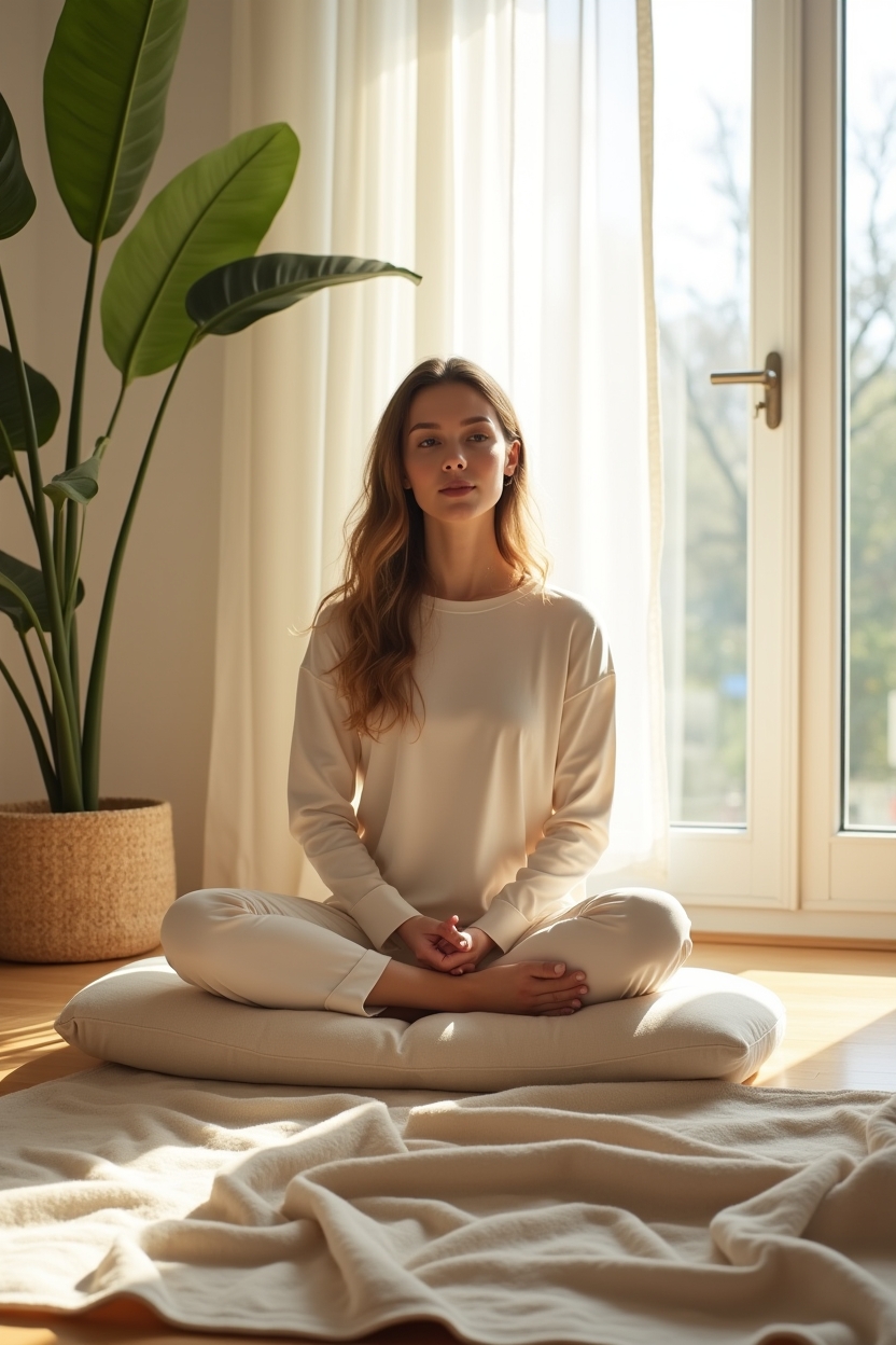 how to use gratitude during a spiritual awakening — a small gratitude prompt card (handwritten) — A person seated in a cross-legged meditation beside a sunlit window, grounding breath and nervous system with a gratitude prompt card beside them.