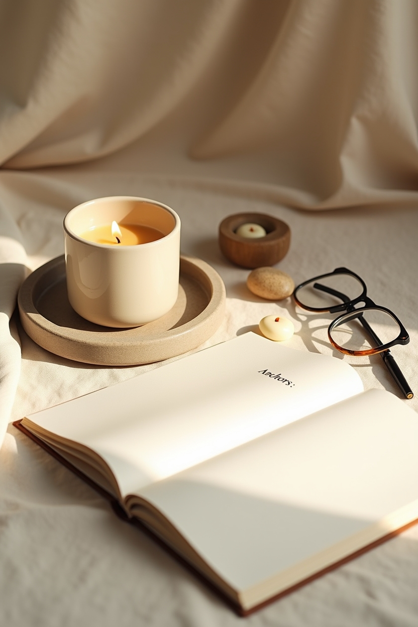 how to use gratitude during a spiritual awakening — small beeswax candle on a ceramic tray — A flat-lay of an 'anchoring ritual': a small altar tray with an anchoring object, candle, notebook open to a gratitude anchor list, and a pair of reading glasses.