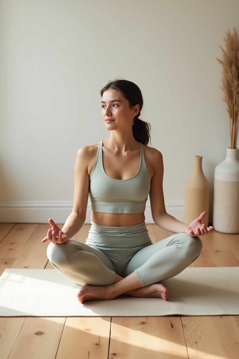 how to improve sleep with ankles stretches — neutral cotton yoga mat — A practical in-studio practice shot of seated ankle circles: the student seated cross-legged on a mat, demonstrating gentle ankle rotations with toes tucked so feet are low-profile.