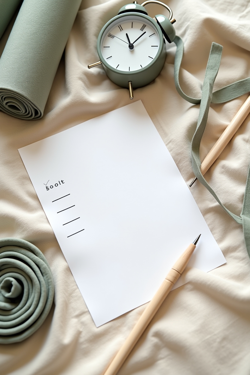 how to improve sleep with ankles stretches — printed cue sheet (visible title and checklist) — A tidy bedside habit-building flat-lay: a printable cue sheet, a pen, a small alarm clock and a yoga strap laid out as the 'kit' to make the routine stick.