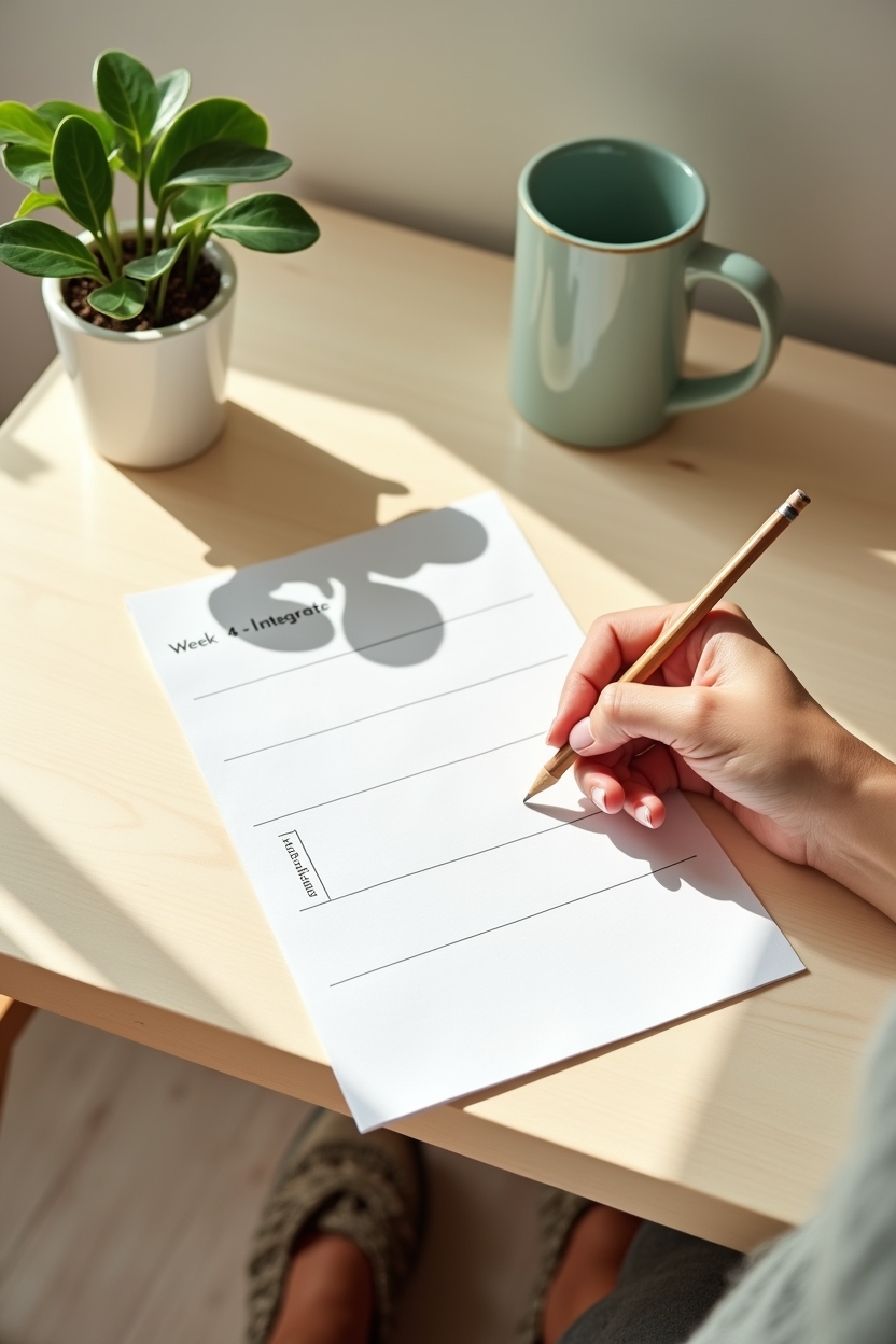 how to build confidence for beginners — a printed 4-week planner sheet with week headers visible — A woman planning next steps on a minimalist desk: a 4-week printed plan, a colored pencil, and a pair of walking shoes at the side implying action