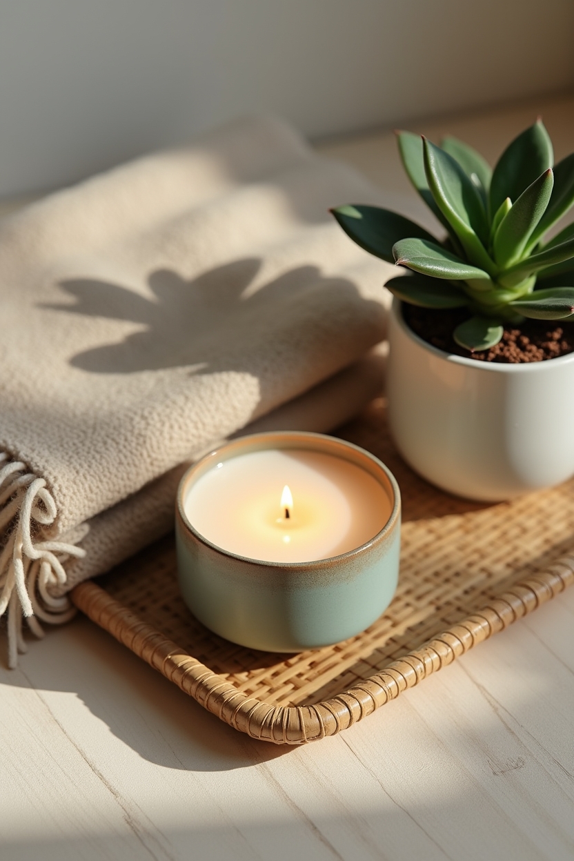 how to practice morning meditation for self love — single lit beeswax candle in a ceramic holder — A calm flat-lay of a welcoming morning meditation corner: a lit candle, a folded blanket, a small plant and eyeglasses on a woven tray