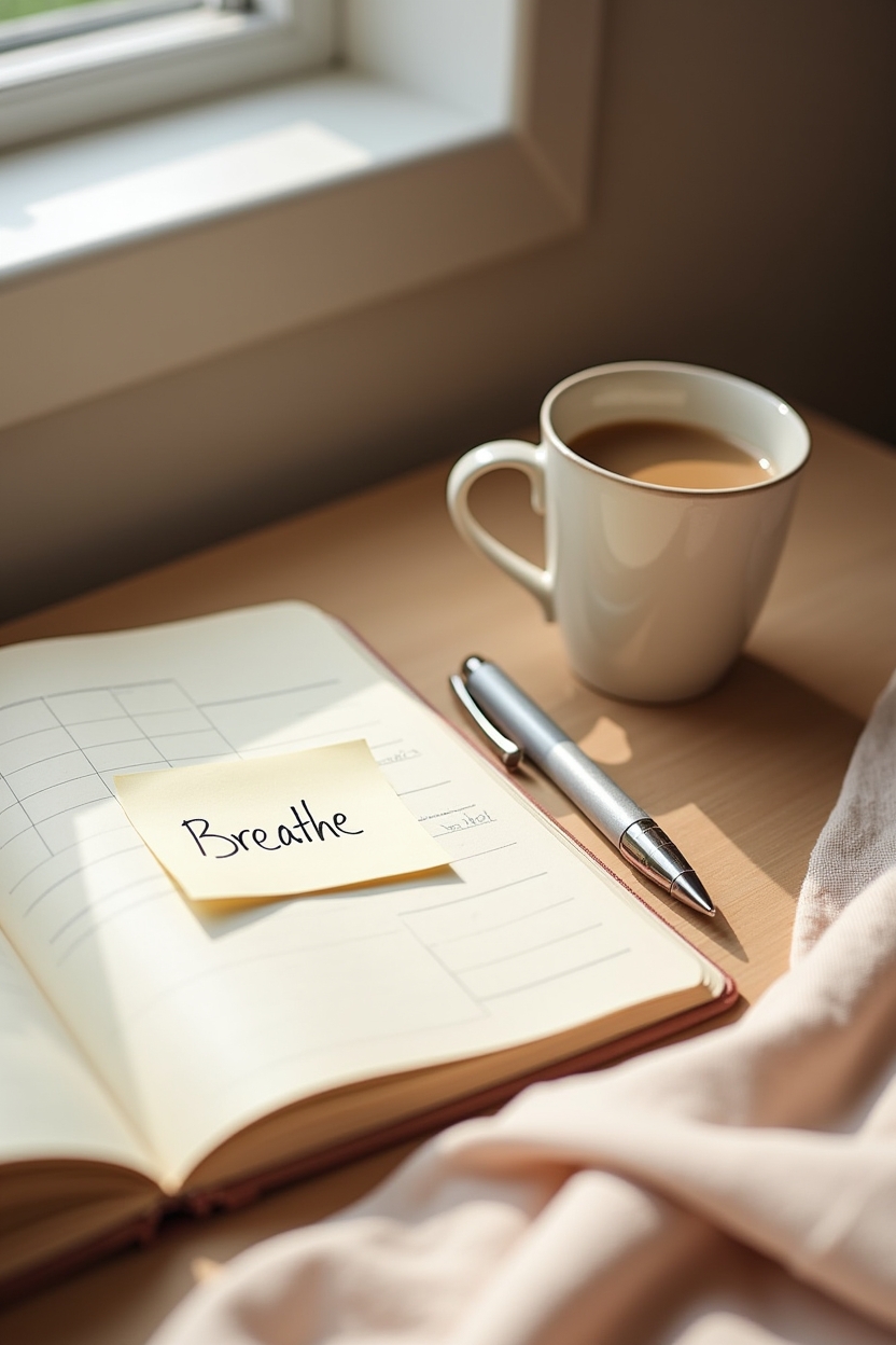 how to practice morning meditation for self love — open planner with a visible sticky note — A wide editorial shot of a tidy desk with an open planner showing a tiny handwritten 'Breathe' sticky note — a micro-reminder anchor for the day