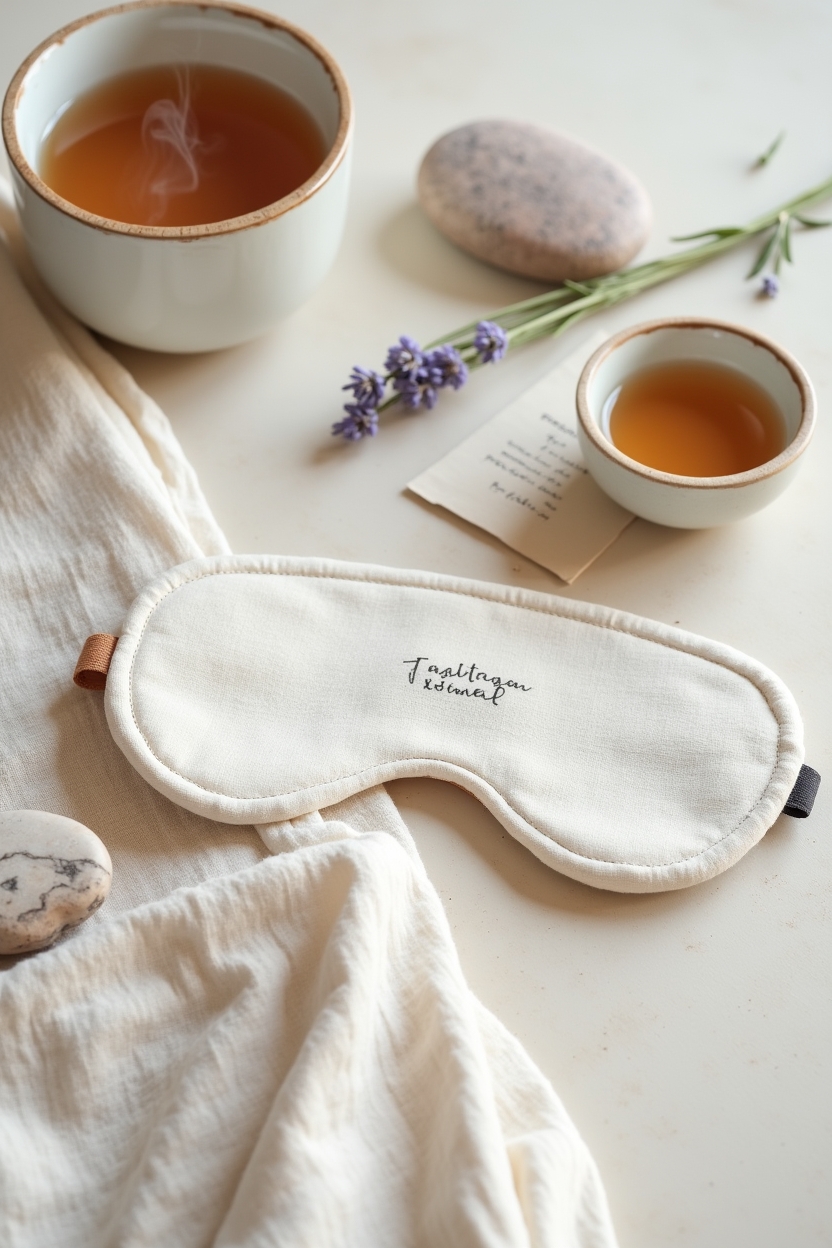 hatha yoga for sleep for healers — linen sleep mask — a curated bedtime transition kit flat-lay showing physical boundary rituals (no person)