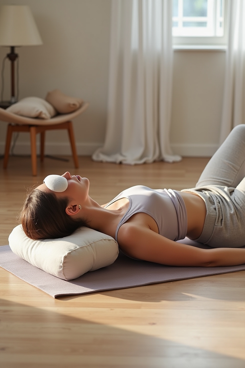 hatha yoga for sleep for healers — long linen bolster under the knees — person in supported Savasana on a mat with bolsters and a weighted eye-pillows, eyes closed, cropped above the ankles
