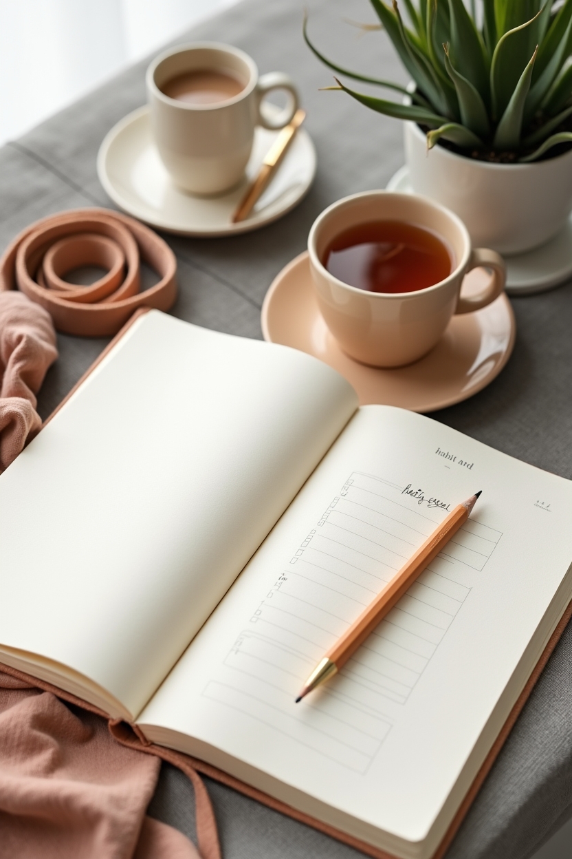 hatha yoga for sleep for healers — open linen-bound habit journal with a visible checkbox list — morning-after journaling and tiny practices vignette showing a healer's sample week checklist beside tea and a yoga strap