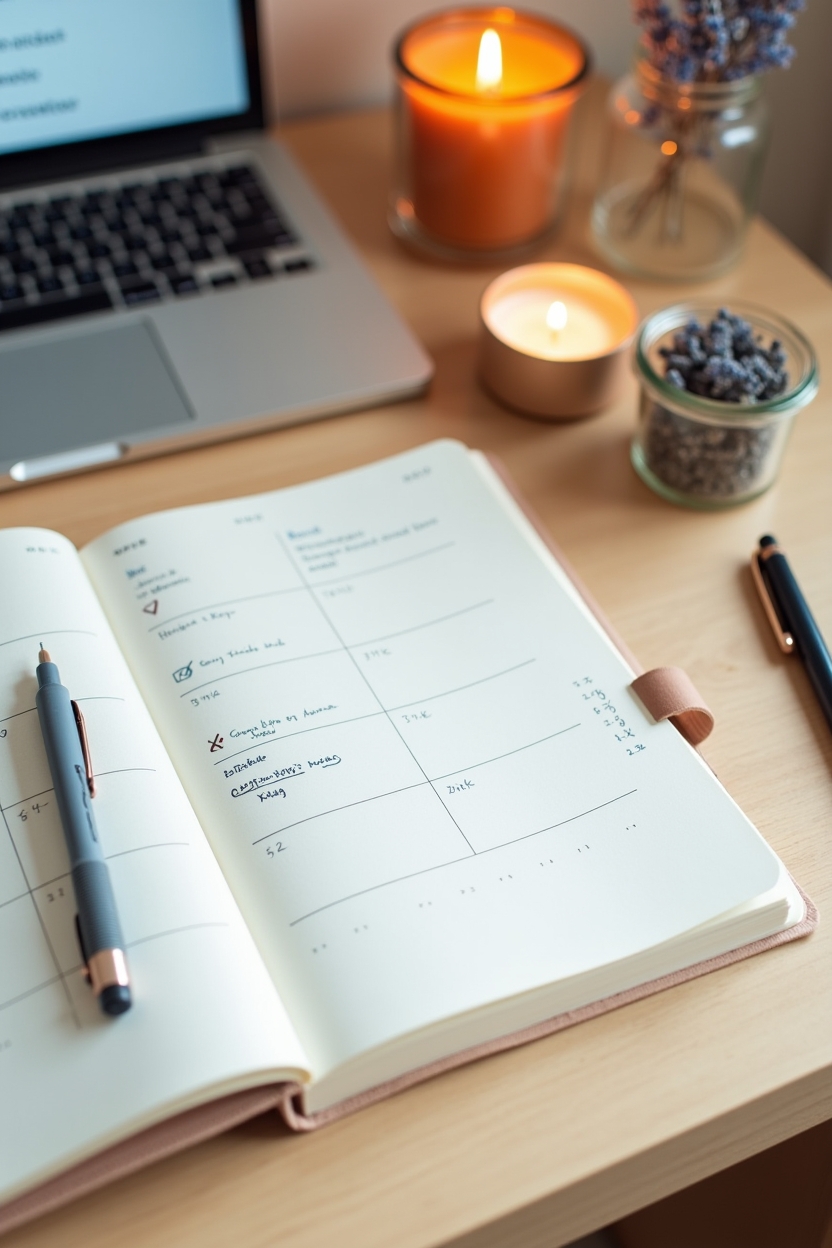 how to use shadow work when outgrowing people — open weekly planner with a checked reflection checkbox visible — desk vignette showing a weekly planner open to a reflection habit page with calming accoutrements