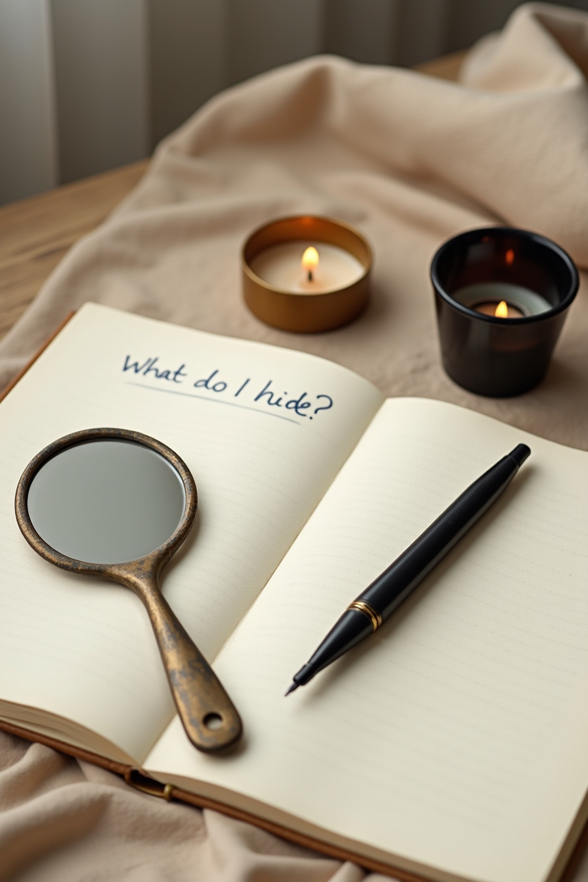 how to use shadow work when outgrowing people — a small hand mirror with slightly aged patina — still-life flat-lay of reflective journaling tools that visualize the idea of the 'shadow' without a person