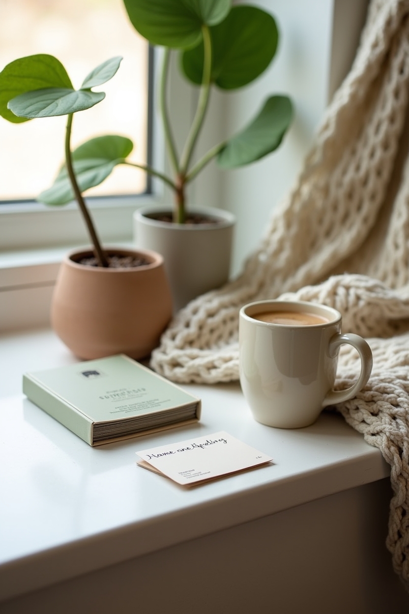 how to use shadow work when outgrowing people — a small box of prompt cards with one card slightly pulled out — cozy home nook scene showing a boxed deck of shadow-work prompt cards beside a warm mug and plant