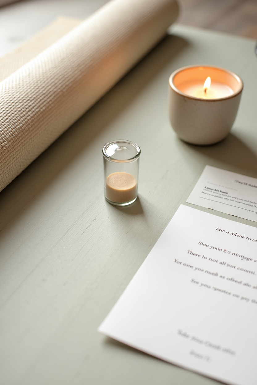 how to improve sleep with core stretches — small sand-timer (2–5 minute glass timer) — A tidy flat-lay showing a 5-minute reset kit: yoga mat corner, small timer, scented candle, and a short prompt card