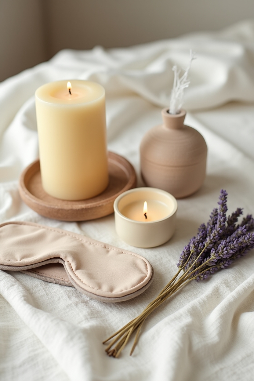 how to practice sleep meditation for compassion — small beeswax pillar candle — Still-life bedside flat-lay showing calming tools for setting the tone: candle, diffuser, and a folded eye mask