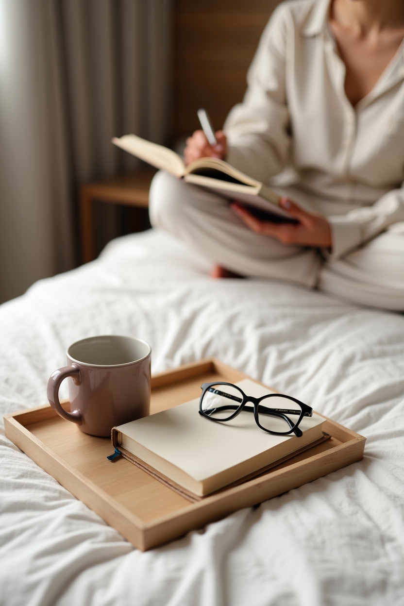 how to practice sleep meditation for compassion — closed paperback gratitude journal — Nightly ritual vignette: small bedside tray with a closed gratitude journal, a warm mug, and a pair of glasses, with a person in background sitting at the bed edge writing (hands relaxed in lap)