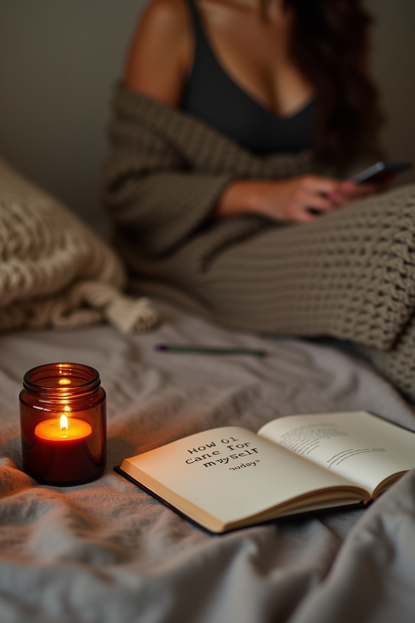 journal prompts for positive thinking for women — small amber glass candle with low flame — Cozy evening self-care scene: a bedside snapshot of a woman reflecting on self-care with a candle