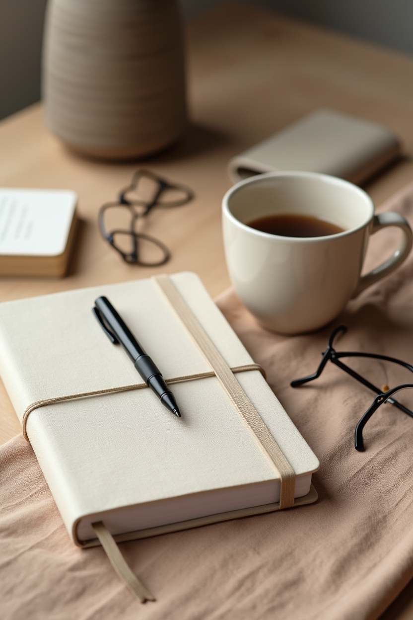 journal prompts for positive thinking for women — linen-covered hardcover journal — Still-life flat-lay of a simple journaling starter kit on a clean desk