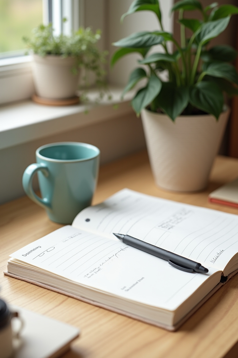 journal prompts for positive thinking for women — open weekly planner with a penciled-in small goal — Home office desk scene showing tools to sustain a journaling habit: planner, pen, and a small plant