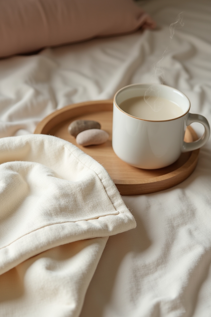 how to practice vipassana meditation for sleep — stitched corner of a weighted blanket — Close textured study of tactile tools to settle a restless body: weighted blanket edge, soft fidget stone, and warm tea mug on a bedside tray