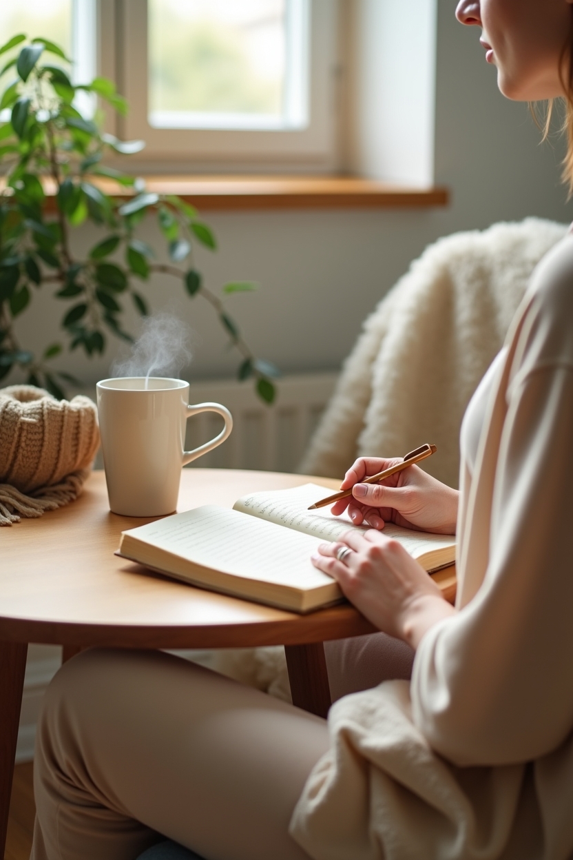 how to practice vipassana meditation for sleep — small lined travel journal — A bright morning habit moment: a person writing a one-line nightly note in a small journal next to a brewed mug, suggesting starting small and consistent practice
