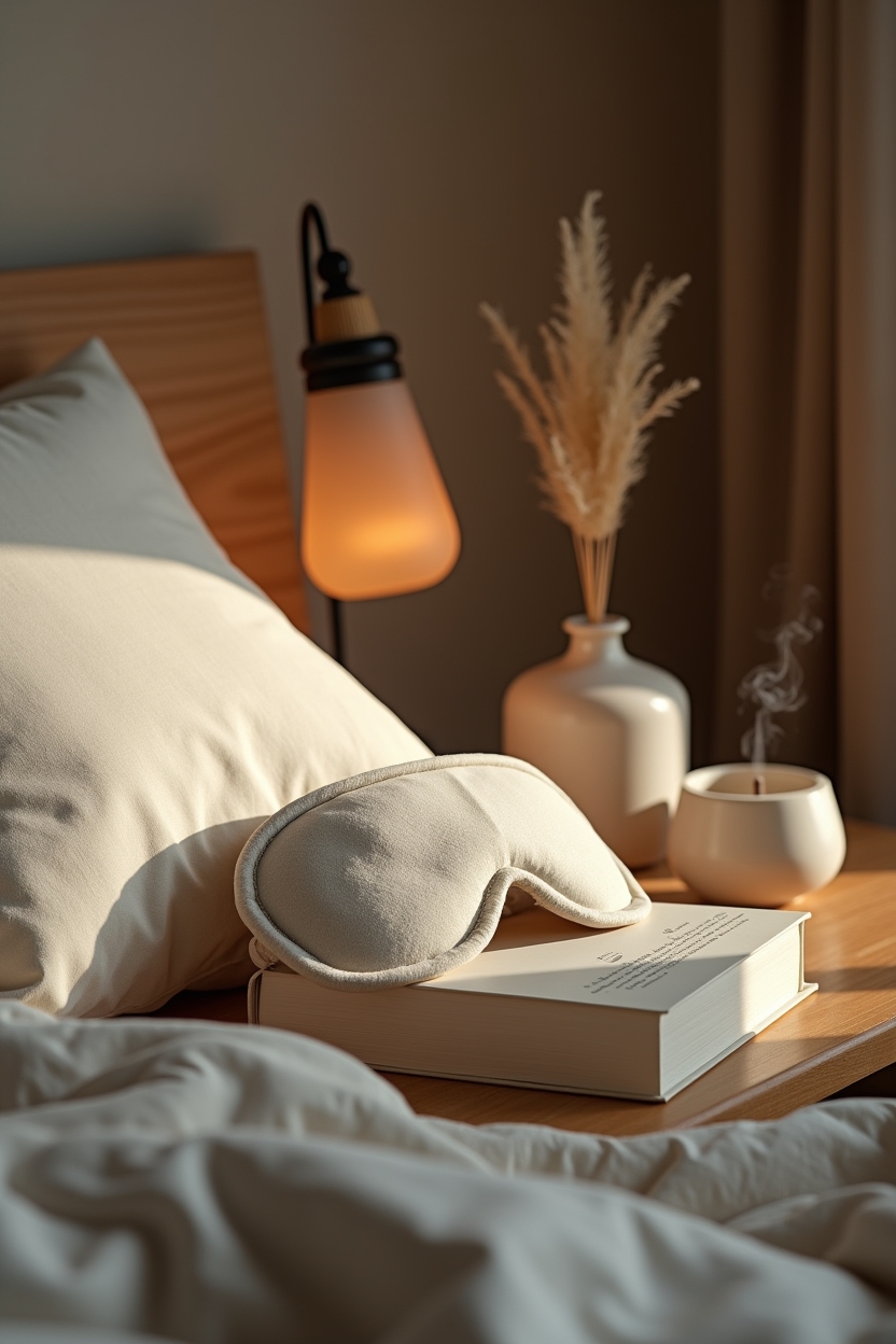 how to practice vipassana meditation for sleep — soft linen eye mask — Styled bedside still-life showing a sleep-friendly environment: dimmable lamp, eye mask, candle, and a small diffuser