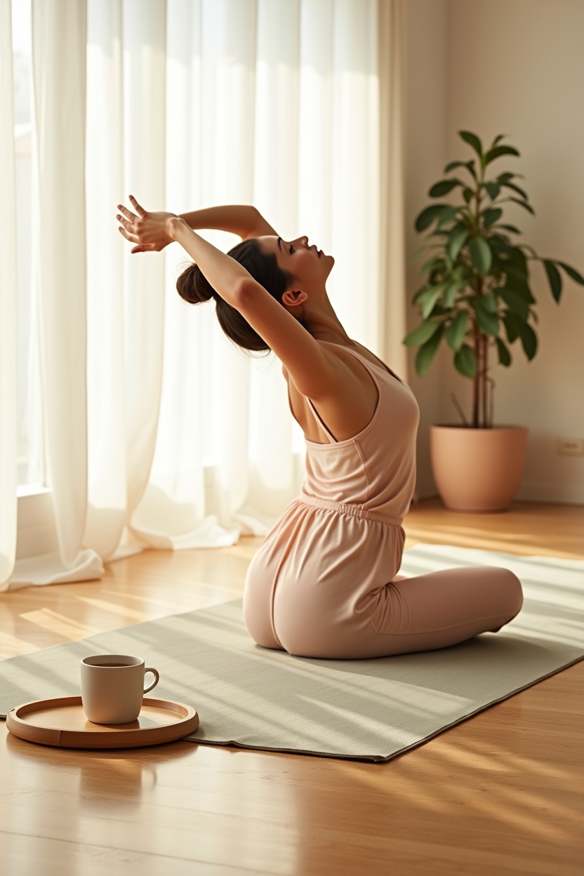 how to build optimism for beginners — ceramic tea cup on a small wooden tray — Morning micro-ritual: a person on a yoga mat at home doing a gentle overhead reach at sunrise with a tea cup warming nearby.