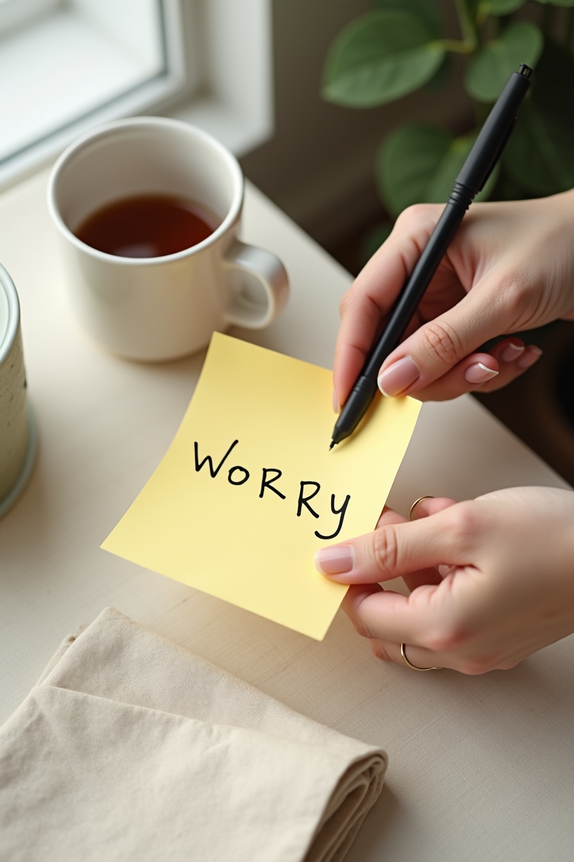 how to build optimism for beginners — yellow sticky note with handwriting — A close, tactile shot of hands writing a short phrase naming a doubt on a sticky note — the practice of naming doubts without feeding them.