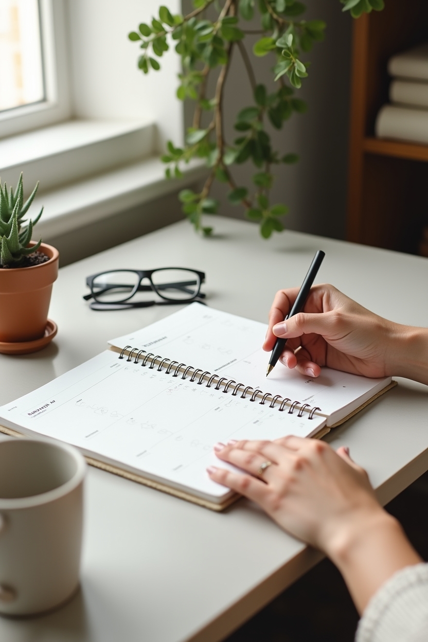 how to build optimism for beginners — open weekly planner with a marked habit checkbox — A journaling moment at a small desk as a person plans weekly check-ins — representing maintaining gains over months.