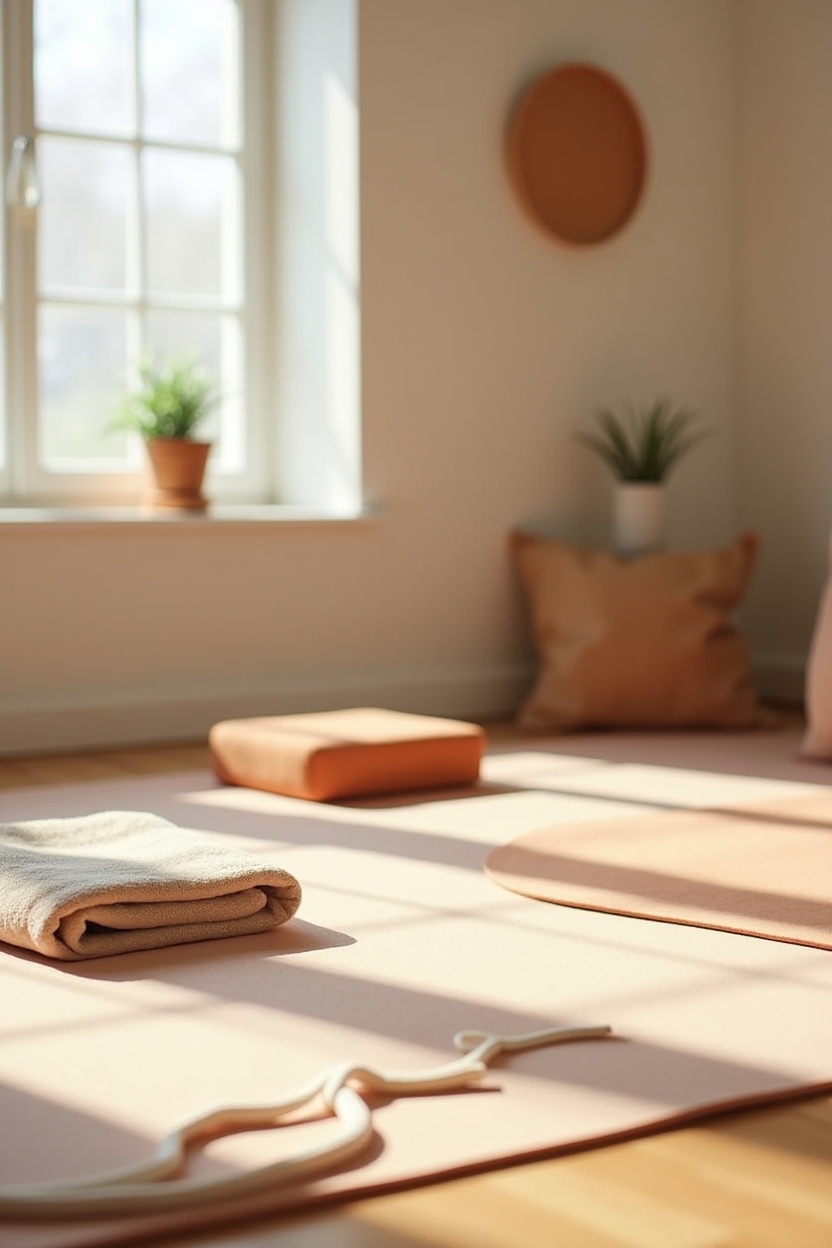 how to improve sleep with thoracic spine stretches — foam block — A tidy home setup showing props and posture: a yoga mat with foam block, strap, pillow, and a folded towel ready for thoracic mobility practice