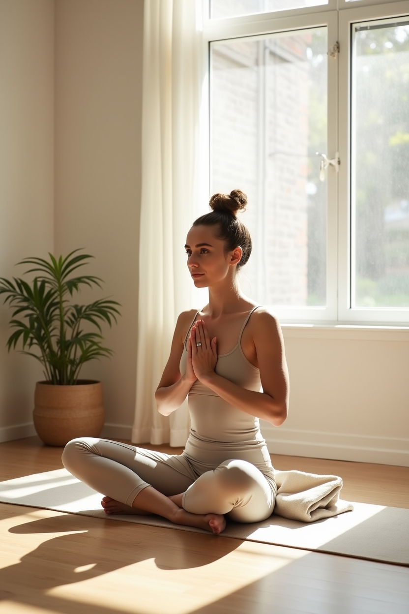 how to improve sleep with thoracic spine stretches — linen bolster — A calm portrait of a practitioner seated in cross-legged pranayama demonstrating diaphragmatic breathing with hands on the ribs to show thoracic engagement