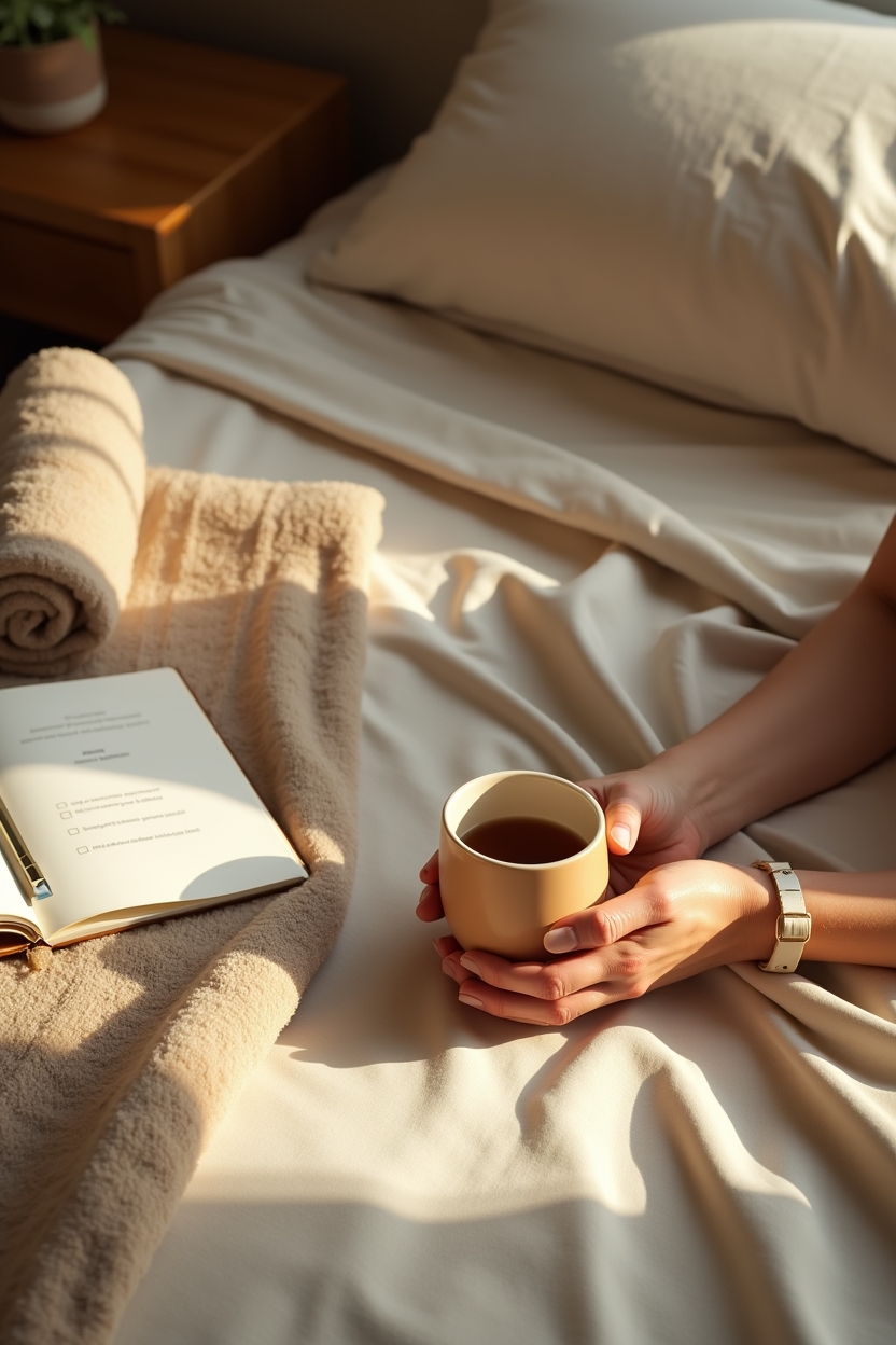 how to improve sleep with thoracic spine stretches — warm ceramic mug — A bedtime ritual scene integrating thoracic stretches: a person in soft pajamas seated on the edge of a bed with a warm mug, journal, and a folded towel for nightly mobility