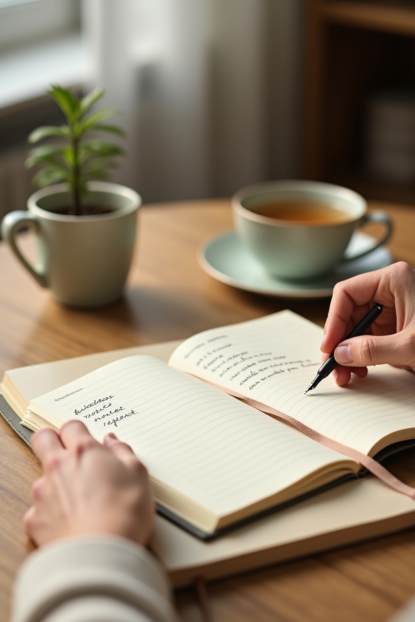 how to practice metta meditation for self love — an open notebook with handwritten notes — A quiet home vignette showing the science-of-change idea: a simple desk with a notebook open to written reflections about self-criticism and growth.