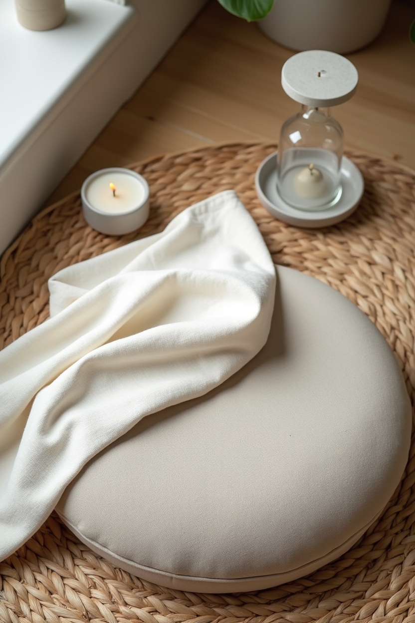 how to practice metta meditation for self love — a neatly folded meditation cushion (zafu) — A tidy flat-lay of posture-and-prop essentials for a comfortable meditation: folded cushion, shawl, timer, and a small candle on a bright window seat.