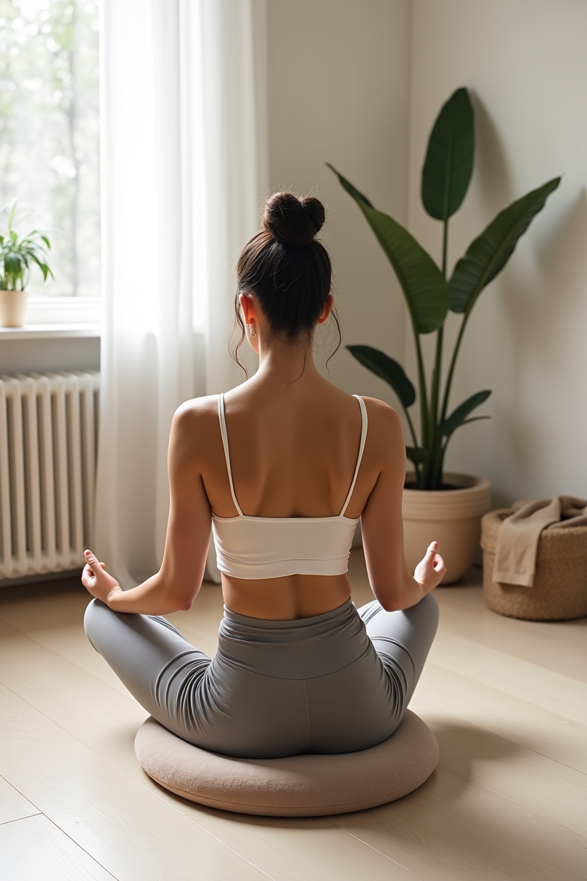 how to practice metta meditation for self love — a low round meditation cushion under the practitioner — A single practitioner seen from behind seated on a low cushion in a calm studio corner, eyes closed, embodying grounding and bringing awareness.