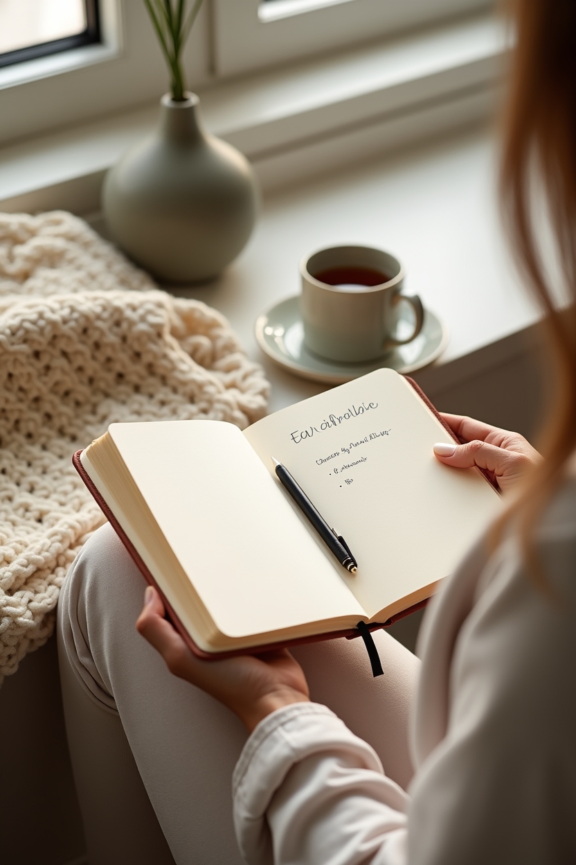 sun in libra for love — an open leather-bound journal with a pen resting across the page — A person journaling a choice-practice at a sunny window — choosing without losing connection