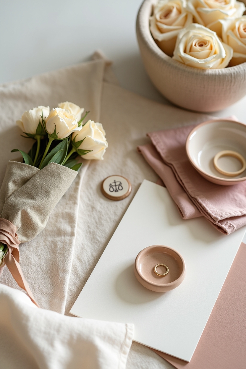 sun in libra for love — a small wrapped bouquet of pale garden roses tied with ribbon — Still-life of romantic gesture items and aesthetic 'Libra' touches — a curated gift layout