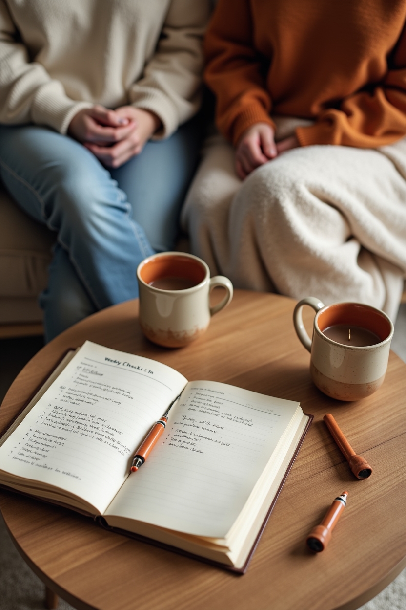 sun in libra for love — open shared notebook on the coffee table with two distinct handwriting styles visible — Wide-angle cozy living-room scene showing a weekly relationship check-in ritual for two