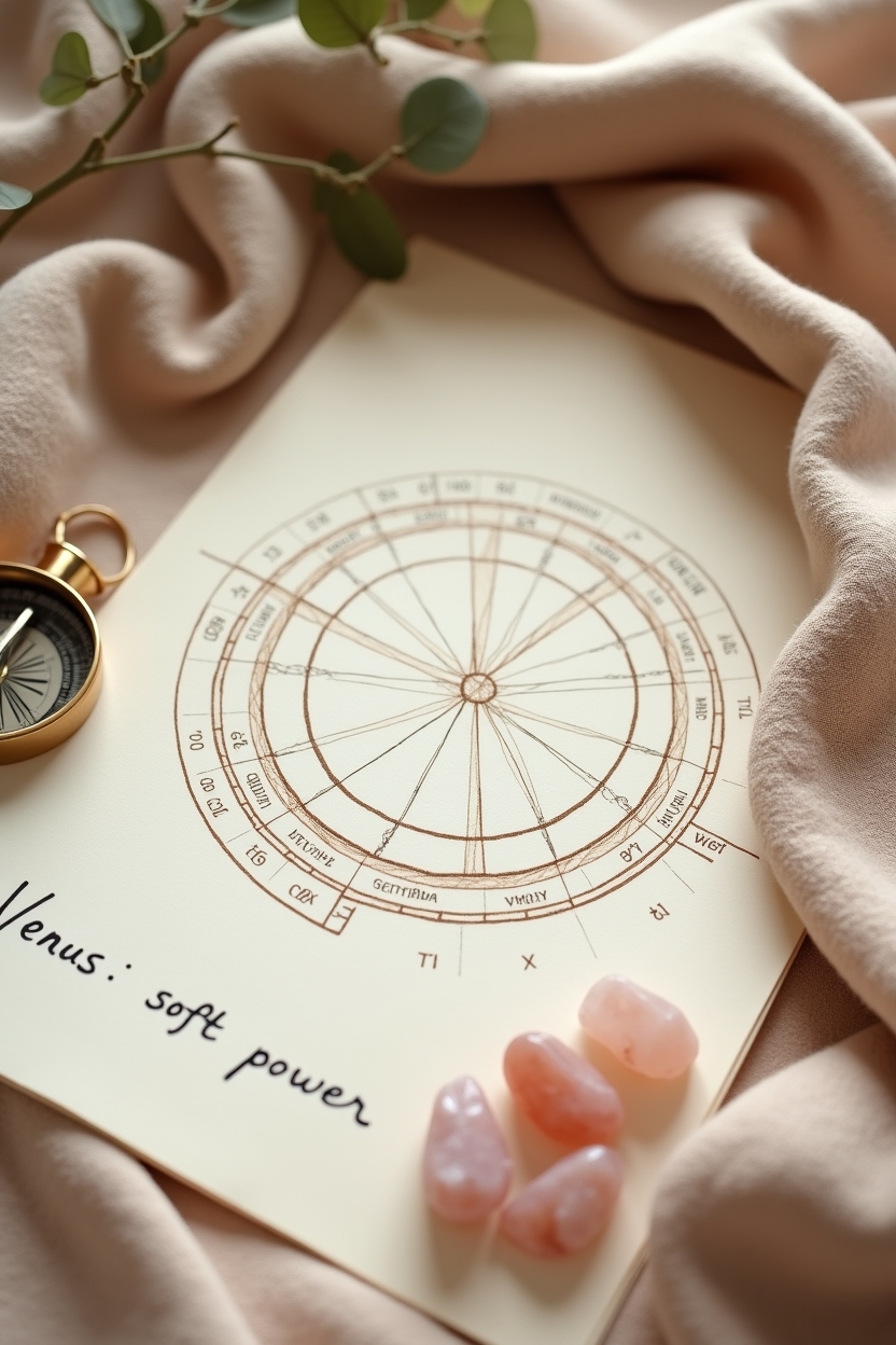 sun in libra for love — printed circular birth-chart wheel on textured paper — Editorial flat-lay of an astrological reading scene focused on Venus and relationship symbols