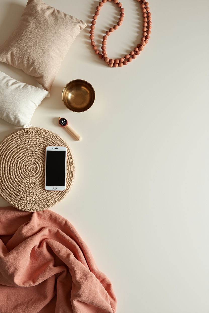 how to practice mindfulness meditation for overthinking — a round meditation cushion (zafu) placed center-left — Practical setup flat-lay showing essential meditation props for a simple home practice