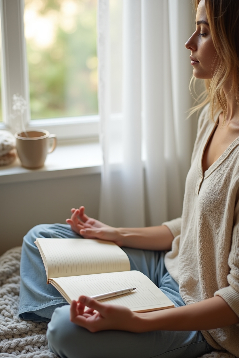 how to practice mindfulness meditation for overthinking — a small lined journal on the person's lap — A quiet morning moment: a person seated by a bright window reflecting on racing thoughts