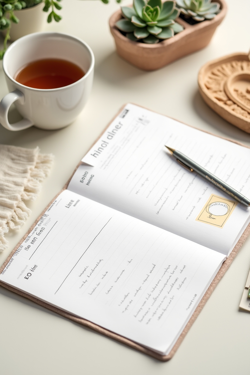 how to practice mindfulness meditation for overthinking — an open planner with a visible weekly grid and short handwritten entries — A 4-week practice planner flat-lay showing simple, bite-sized commitments and tracking stickers