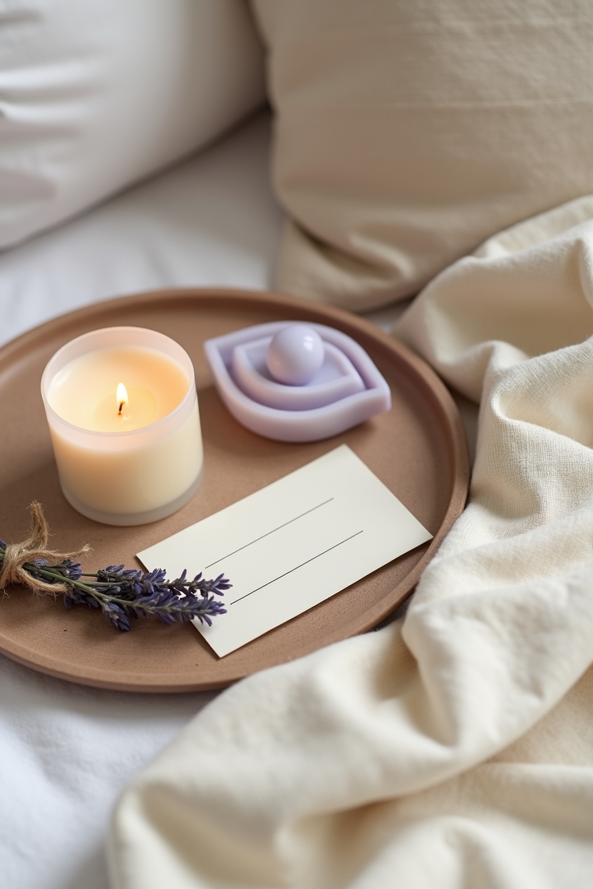 how to practice third eye meditation for sleep — single lit eye-shaped candle — Quiet still-life explaining how focusing the third eye supports relaxation: an intentional bedside vignette with a single lit candle shaped like an eye, a sprig of dried lavender, and an open short explanatory card.