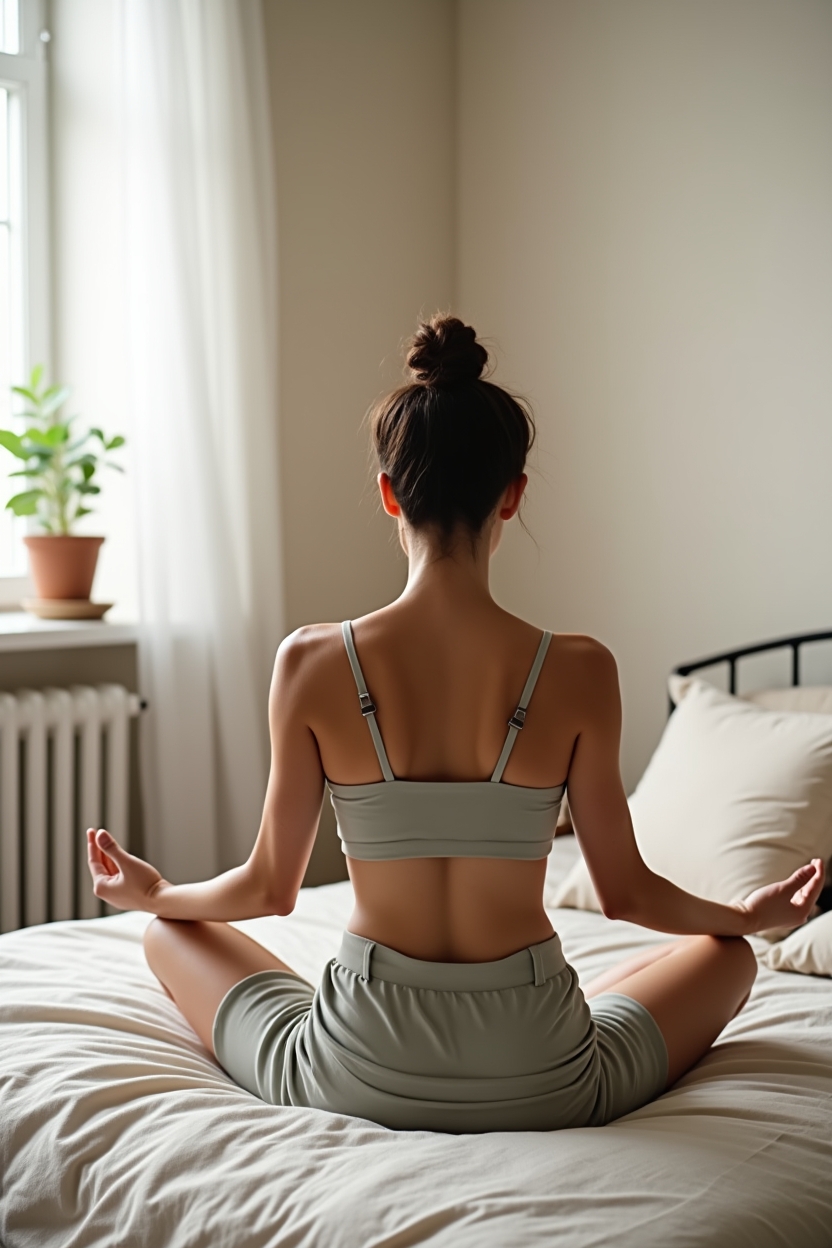 how to practice third eye meditation for sleep — folded linen blanket over the knees — Bedroom posture options for bed and floor: a single person seated on a bed cross-legged with a linen blanket over the legs, seen from behind to keep hands and feet unobtrusive.
