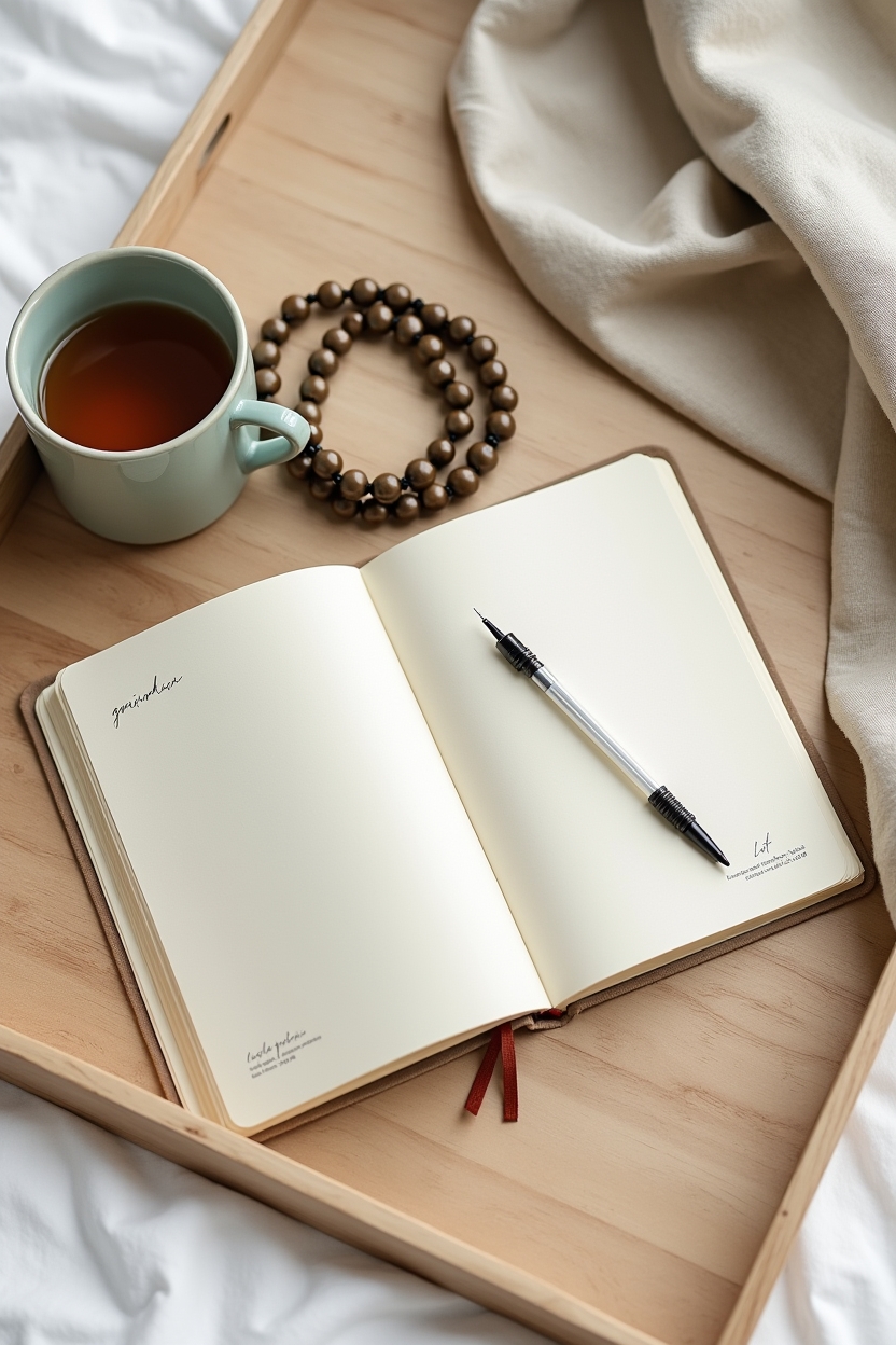 how to practice third eye meditation for sleep — open journal with a pen laid across the page — Flat-lay of nightly anchors and habit prompts: journal, pen, a string of mala beads, and a small cup of herbal tea on a bedside tray prepared for night rituals.