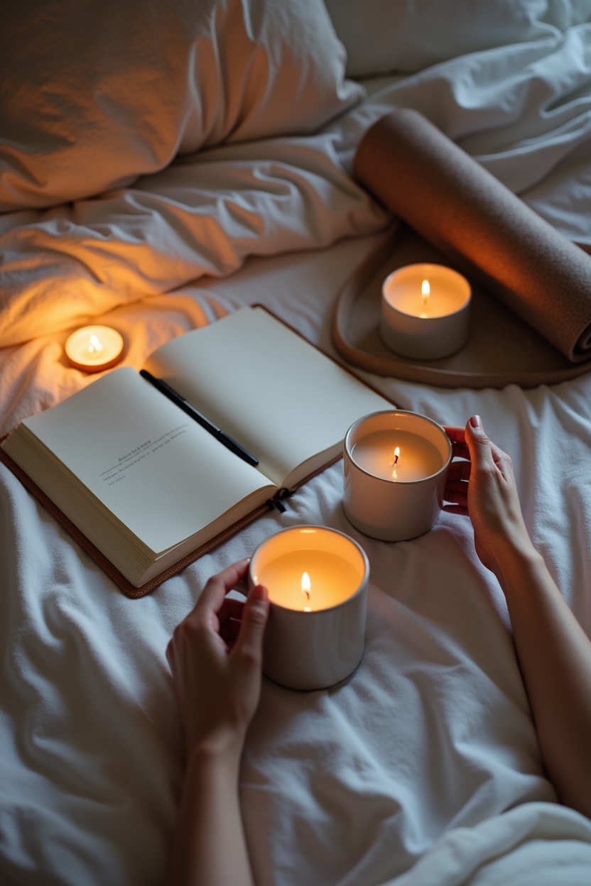 how to improve sleep with psoas stretches — lit soy candle in a simple ceramic holder — An evening bedside ritual flat-lay/close overhead showing a lit soy candle, open sleep-practice journal, a rolled mat at the foot of the bed, and a person's hands cradling a warm cup.