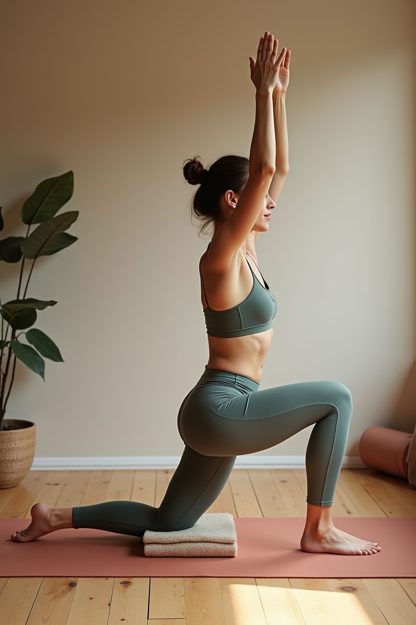 how to improve sleep with psoas stretches — cork yoga block placed under front thigh — Full-body side profile of a woman in a supported low lunge (Anjaneyasana) using a cork block under the front thigh in a warm home studio.