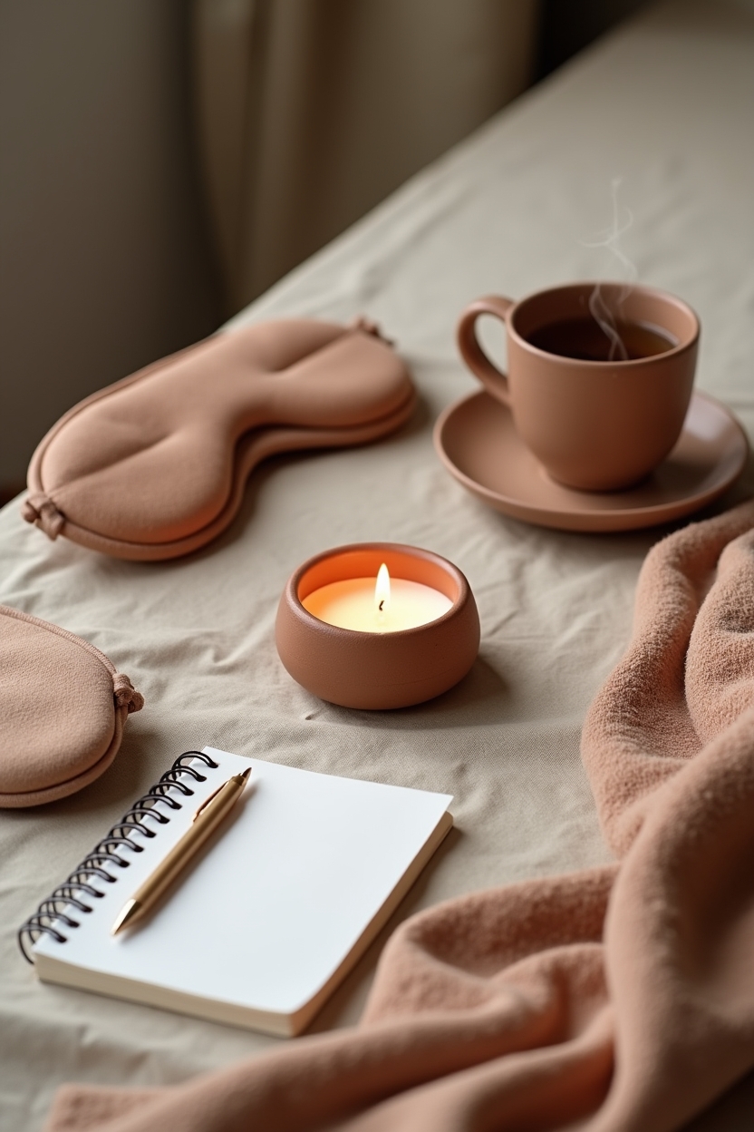 how to practice shadow work meditation for sleep — a single lit candle in a ceramic holder — Still-life overhead flat-lay of a safe 'container' kit for shadow-work meditation: objects that create privacy and comfort